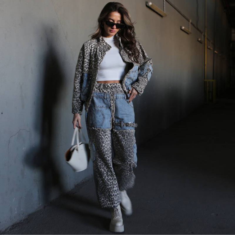 Leopard Patchwork Denim Suit – Must-Have for Spring 2025