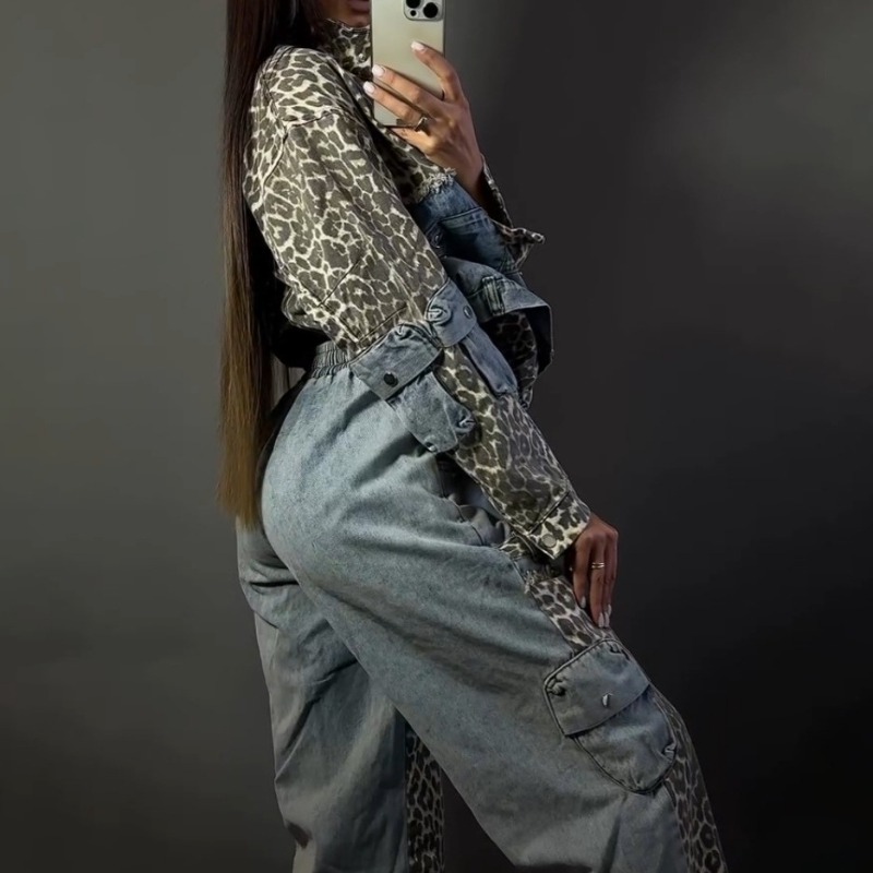 Leopard Patchwork Denim Suit – Must-Have for Spring 2025
