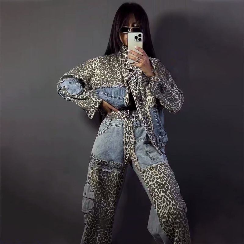 Leopard Patchwork Denim Suit – Must-Have for Spring 2025