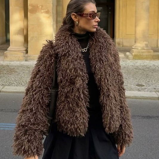 Elegant Dark Brown Faux Fur Coat – Timeless Warmth & Style